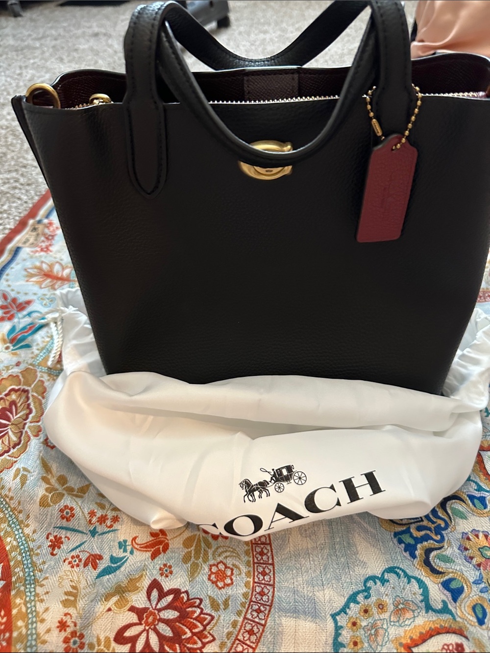 Coach Black Leather Tote with Burgundy Tag and Gold Hardware